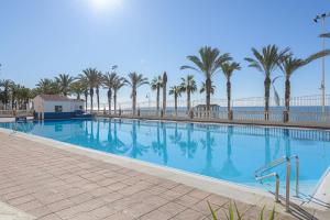 une grande piscine avec des palmiers en arrière-plan dans l'établissement Algarrobo Costa, à Algarrobo-Costa