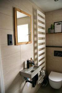 huisje de Strandjutter في Katwijk aan Zee: حمام مع حوض ومرحاض