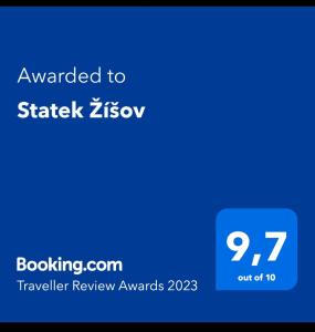 Majutusasutuses Statek Žíšov olev sertifikaat, autasu, silt või muu dokument