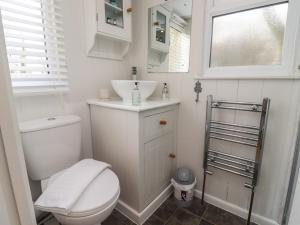 a bathroom with a toilet and a sink and a window at Art Studio in Blandford Forum