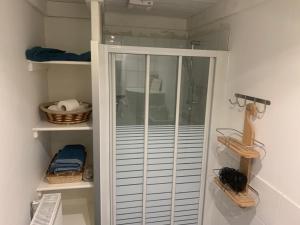 uma cabina de duche ao nível do chão num quarto com prateleiras em Le Pavillon de Flore by Maison Brasseurs d'Etoiles em Liège