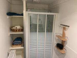 a walk in shower in a room with shelves at Le Pavillon de Flore by Maison Brasseurs d'Etoiles in Liège