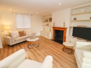 a living room with a fireplace and a television at Snowdrop in Blandford Forum