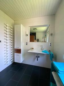 La salle de bains est pourvue d'un lavabo et d'un miroir. dans l'établissement Apartment mit romantischem Garten an der Märchenstraße!, à Reinhardshagen