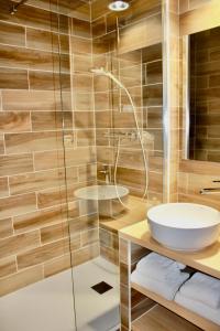 La salle de bains est pourvue d'un lavabo et d'une douche en verre. dans l'établissement Aux Lys de Chablis, à Chablis