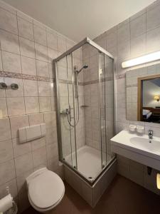 a bathroom with a shower and a toilet and a sink at Hotel Wolfsjäger in Herbern +41 photos