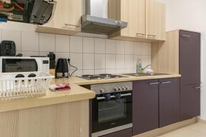 a kitchen with a stove and a microwave at comfortable 2BR Apt.-Near Wiener Stadthalle in Vienna