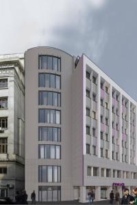 a white building with people standing outside of it at Moxy Bucharest Old Town in Bucharest