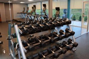 a gym with rows of dumbbells on a wall at Fairfield Inn & Suites By Marriott Somerset in Somerset