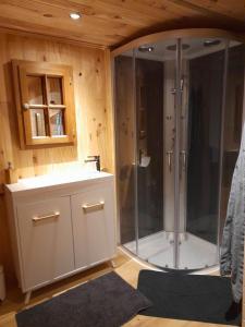 een badkamer met een douche in de kamer bij Ô ptit Zébo in Bras