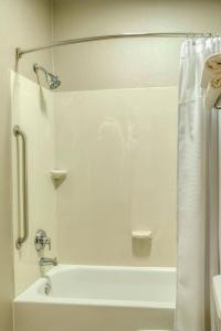 a bathroom with a tub and a shower curtain at SpringHill Suites by Marriott Lawrence Downtown in Lawrence