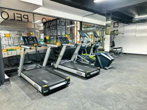 メキシコシティにあるFlats Friends Condesa-Pelotariのジム(複数のトレッドミルとマシン付)