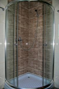 a shower with a glass door in a bathroom at Taverna Pietrei Craiului in Zărneşti