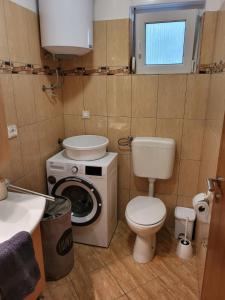 a bathroom with a toilet and a washing machine at Apartma DOLORES in Vodnjan