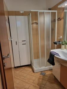 La salle de bains est pourvue d'une douche et d'un lavabo. dans l'établissement Apartma DOLORES, à Vodnjan