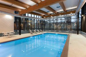 ein großer Pool mit blauem Wasser in einem Gebäude mit Fenstern in der Unterkunft Residence Inn By Marriott Philadelphia Bala Cynwyd in Bala-Cynwyd