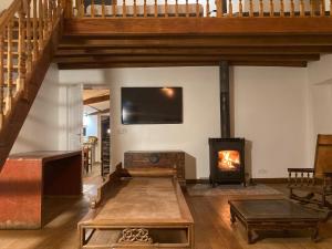 sala de estar con chimenea y TV de pantalla plana en Maison de charme, en Thil-sur-Arroux
