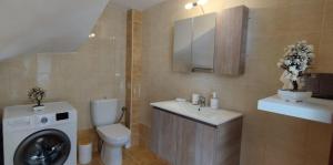 a bathroom with a toilet and a sink and a washing machine at "IRO HOUSE" 600m from the beach in Gerani +16 photos