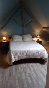 een slaapkamer met een groot bed en een blauw plafond bij le havre de paix in Devay
