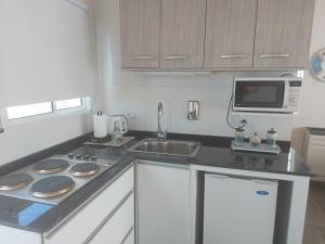 a kitchen with a stove and a sink and a microwave at Lu-Mar in Comodoro Rivadavia