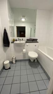 a white bathroom with a toilet and a sink at Stunning Modern 2bed Apt Near Dublin City& Airport in Dublin