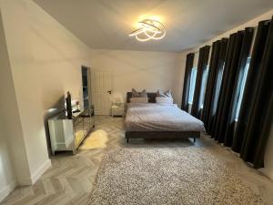 Schlafzimmer mit einem Bett, einem TV und einem Teppich in der Unterkunft Krügers Apartment in Barsinghausen