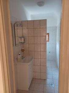 a bathroom with a toilet and a sink and a shower at Fülöpsziget vendégház in Bogács