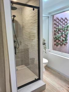 a glass shower in a bathroom with a toilet at Le Grand Evali - WIFI - Centre in Albi