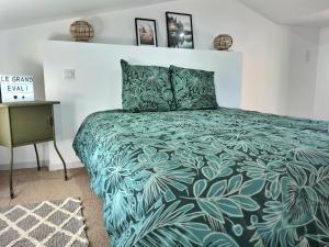 a bedroom with a bed with a green comforter at Le Grand Evali - WIFI - Centre in Albi