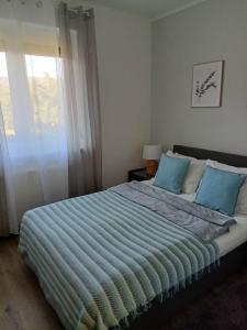 Un dormitorio con una cama con almohadas azules y una ventana en Centrum Apartman Kőszeg, en Kőszeg