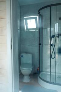 La salle de bains est pourvue de toilettes, d'une douche et d'une fenêtre. dans l'établissement Bajkowe Domki Marzeń Krecik, à Węgorzewo