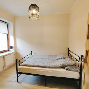 a bedroom with a bed in the corner of a room at StronSki Apartament in Stronie Śląskie