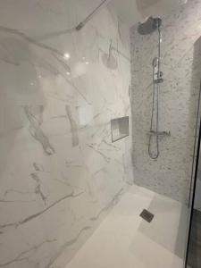 ein Bad mit einer Dusche und einer Steinmauer in der Unterkunft top floor avenida arriaga 802 in Funchal