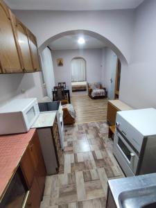 een keuken en een woonkamer met een open indeling bij Apartman Kristina Ribarska banja in Kruševac
