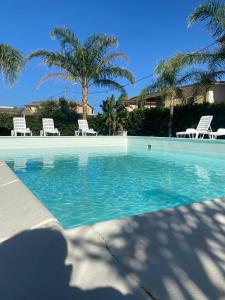 una piscina con 2 sillas y palmeras en Verter Home Resort en Ovile la Marina