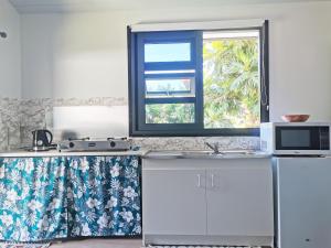 cocina con encimera, microondas y ventana en TAHITI - Orofero Lodge, en Paea