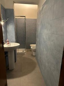 a bathroom with a shower and a sink and a toilet at Casa con giardino vicino al mare in Massa