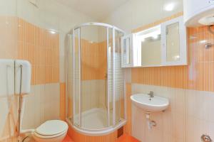 ein Bad mit einer Dusche, einem WC und einem Waschbecken in der Unterkunft Apartments Adria in Turanj