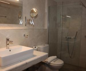 a bathroom with a sink and a shower and a toilet at Apollon Filoxenia in Korinthos