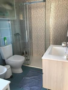 uma casa de banho com um chuveiro, um WC e um lavatório. em Porto Plage de Matosinhos em Matosinhos