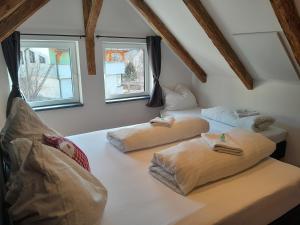3 camas en una habitación con 2 ventanas en Ferienhaus Kolbnitz en Kolbnitz