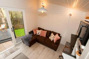 Longtown的住宿－Reflections, Netherby, near Carlisle，客厅配有带枕头的棕色沙发