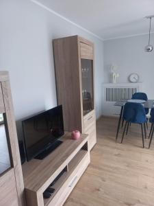 een woonkamer met een entertainmentcentrum met een flatscreen-tv bij Apartament w centrum Raciborza in Racibórz