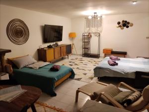 een woonkamer met 2 bedden en een televisie bij B&B Firmino in La Loggia