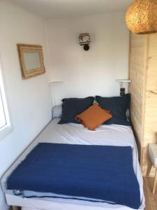 uma cama com almofadas azuis e laranja num quarto em Appartement 300 m plage et port em Banyuls-sur-Mer