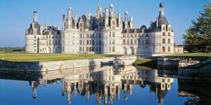 un château avec sa réflexion dans l'eau dans l'établissement Piscine chauffée Villa mouettes de Loire, à Maslives