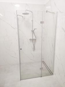 La salle de bains est pourvue d'une douche avec une porte en verre. dans l'établissement Apartament na Letniej 53m2 z Widokiem na Góry Kłodzko - Przyjaciół Ziemi Kłodzkiej, à Kłodzko