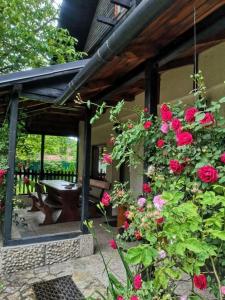 un jardin avec des roses et un banc sur une maison dans l'établissement Silva Cabin - In the heart of Bran, next to the Castle w/ free parking, à Bran