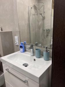 a bathroom with a white sink and a shower at BELLA BLU in Opole +14 photos