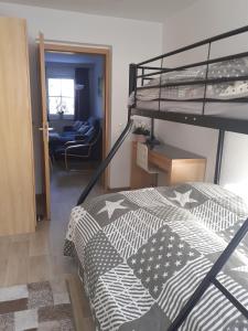 ein Schlafzimmer mit einem Etagenbett und einem Schreibtisch in der Unterkunft Ferienwohnung Zern in Johanngeorgenstadt